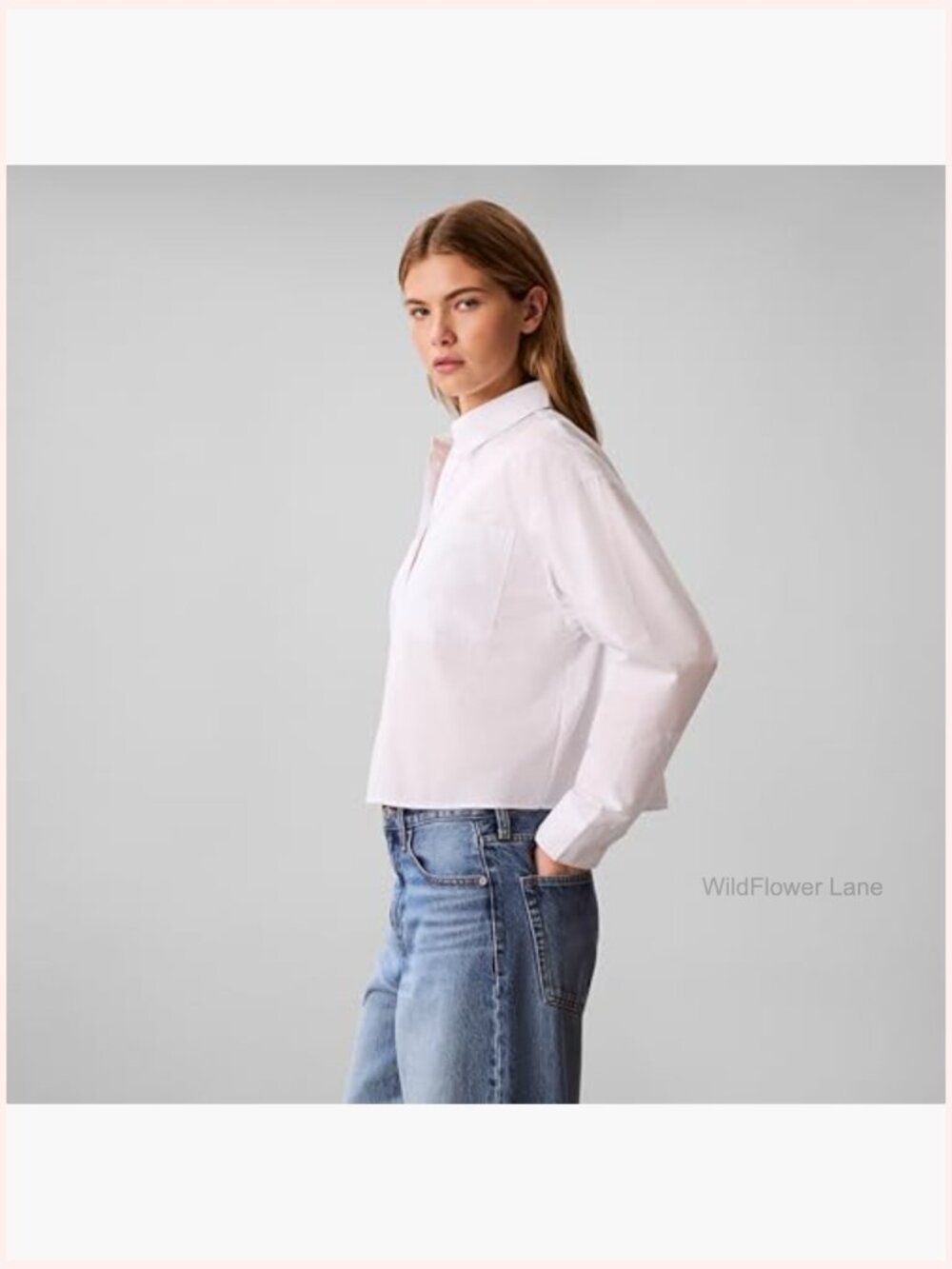 Cropped Button Down Shirt Cotton Poplin Relaxed Fit - Picture 4 of 5